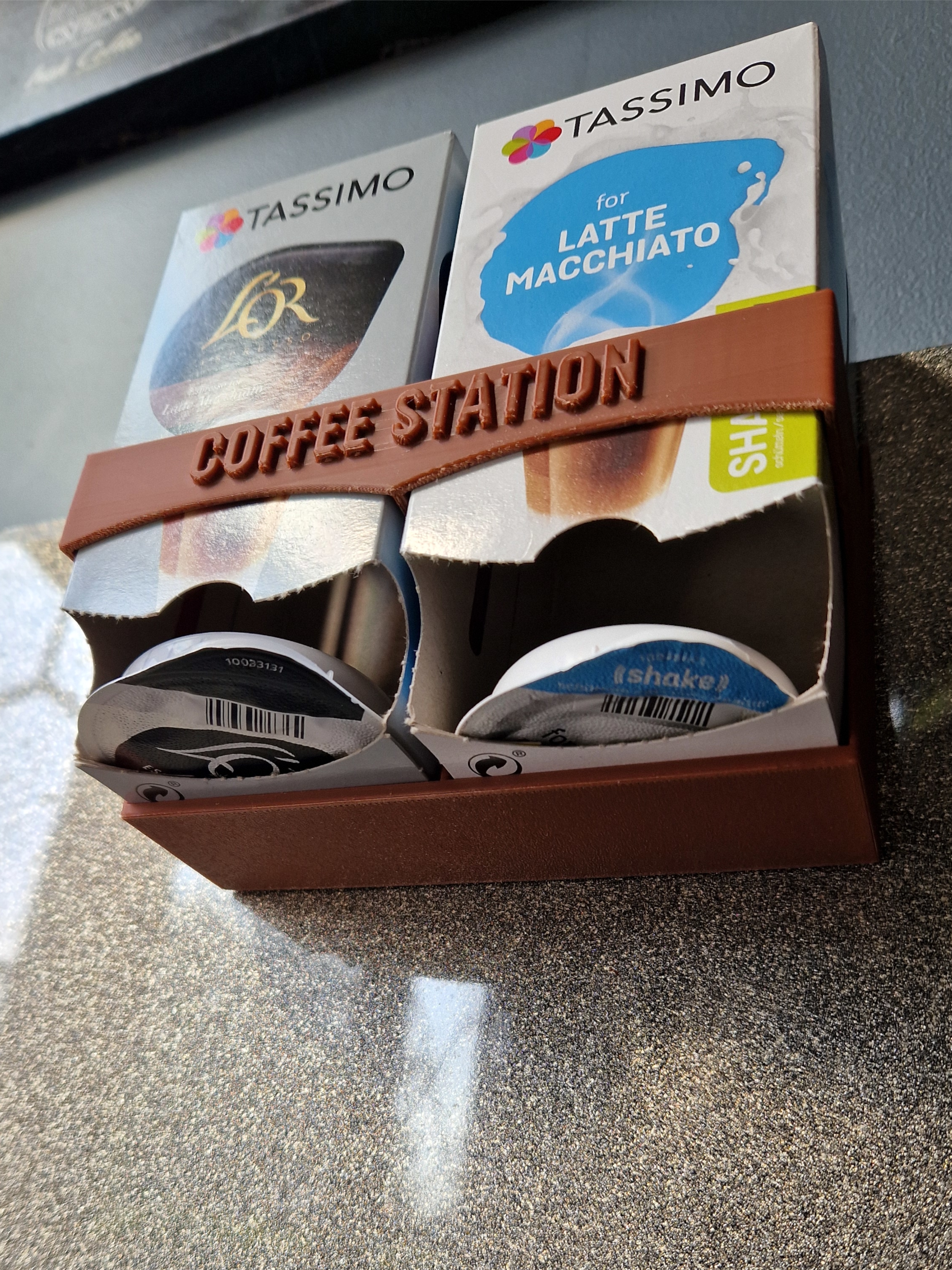 Wall Mounted Coffee Pod Holder for Tassimo Boxes 3D Printed With Adhesive Strips
